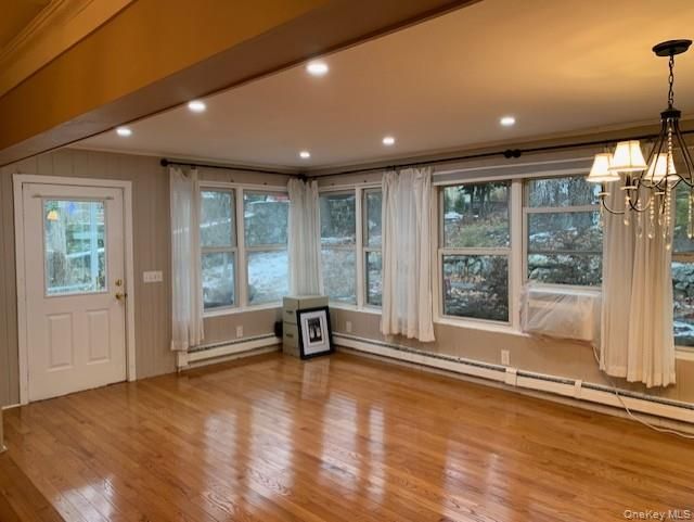 Chandelier, Empty room, Interior, Recessed Lighting, Wood Texture Flooring