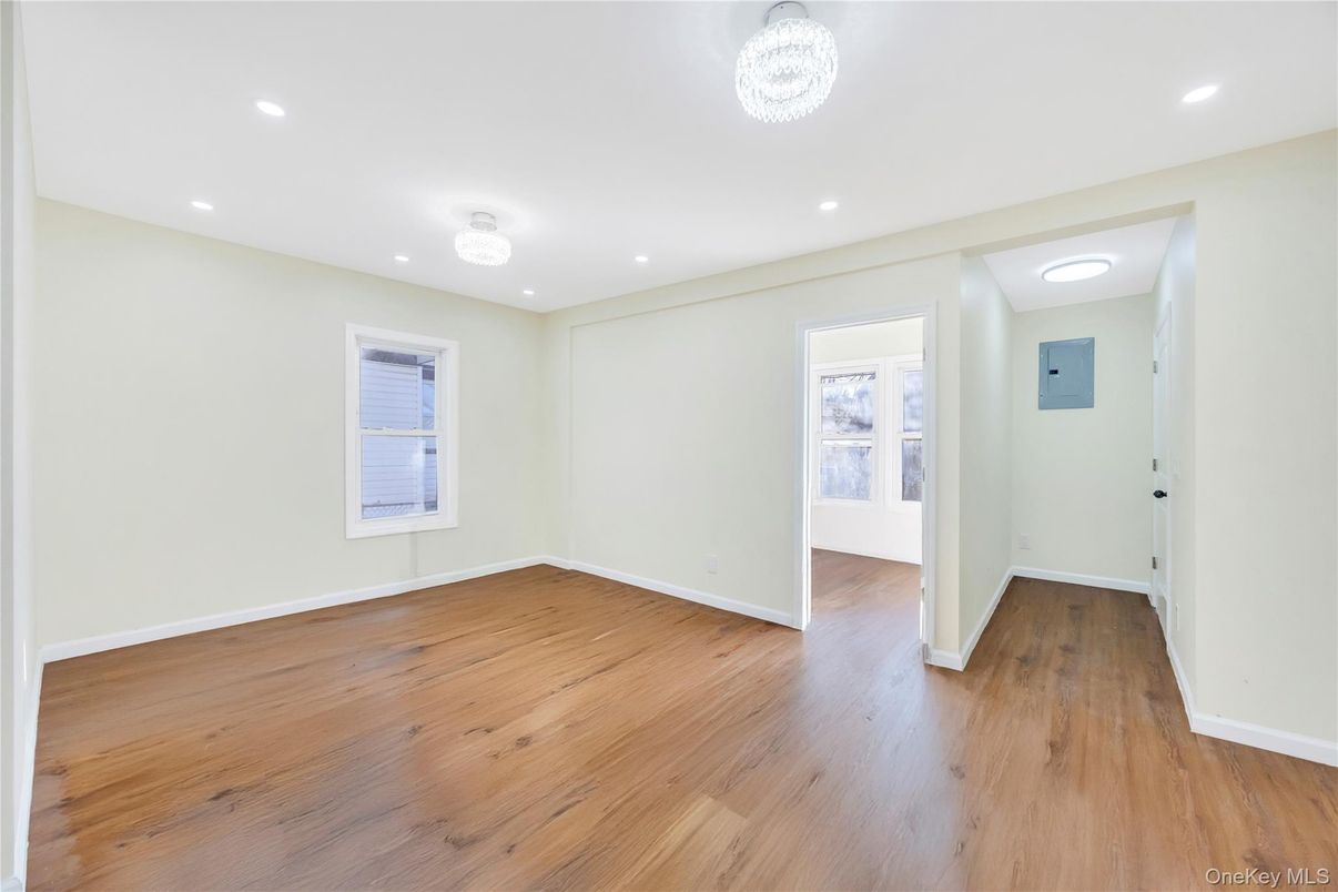 Chandelier, Empty room, Interior, Recessed Lighting, Wood Texture Flooring