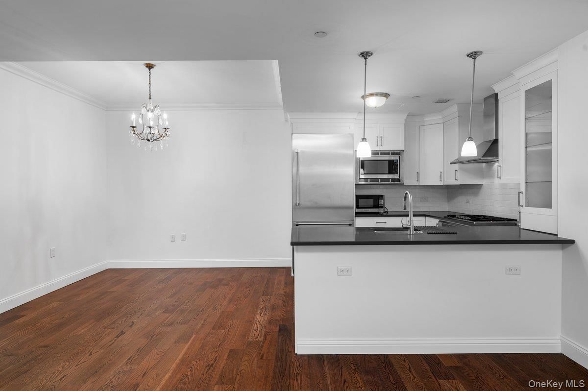 Chandelier, Interior, Kitchen, Pendant Lights, Stainless Steel Appliances, Wood Texture Flooring