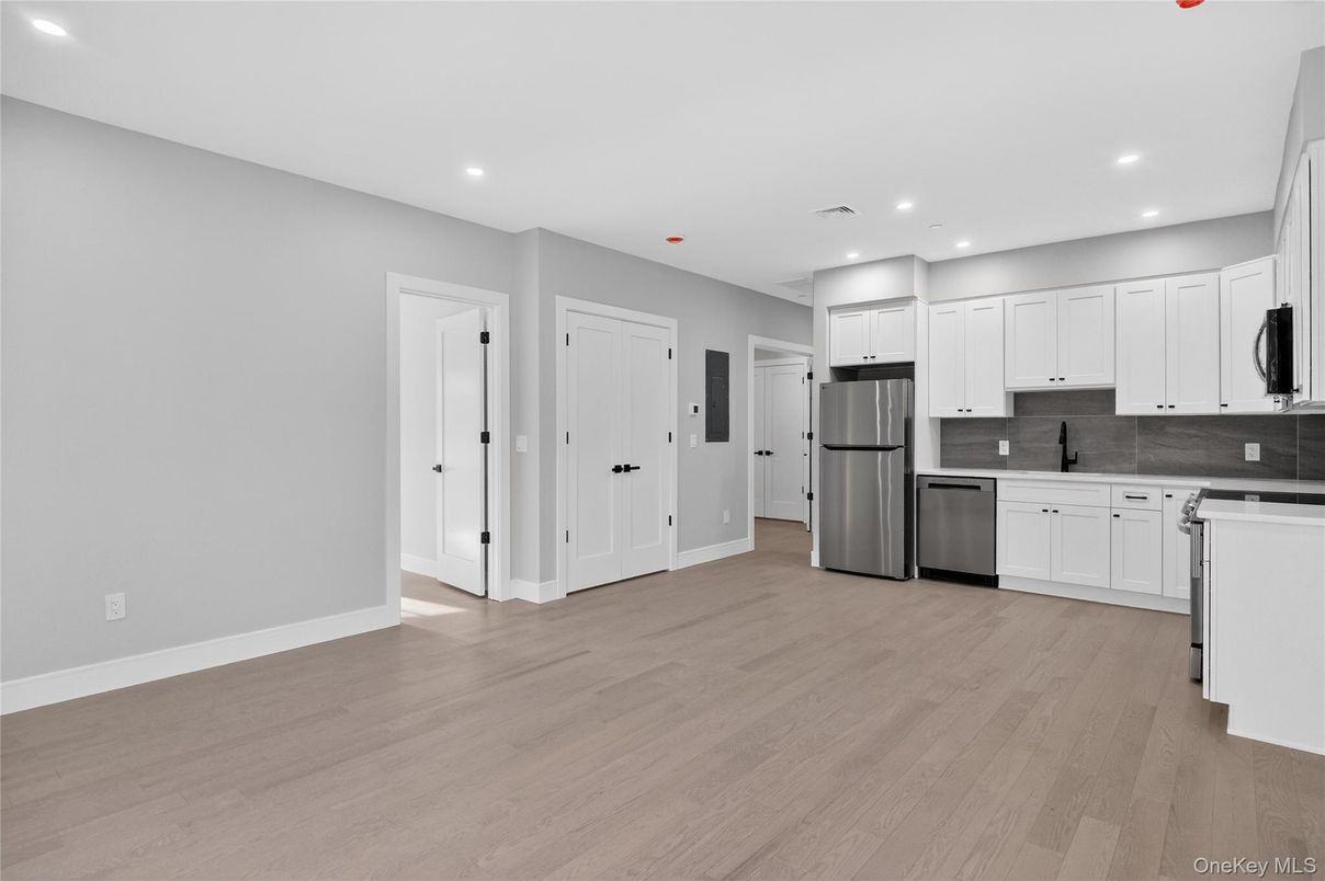 Interior, Kitchen, Recessed Lighting, Stainless Steel Appliances, Wood Texture Flooring