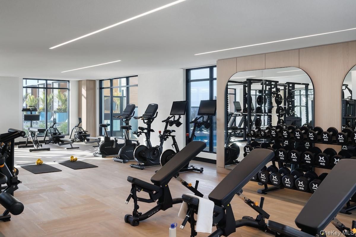 Fitness Equipment, Gym, Interior, Recessed Lighting, Wood Texture Flooring