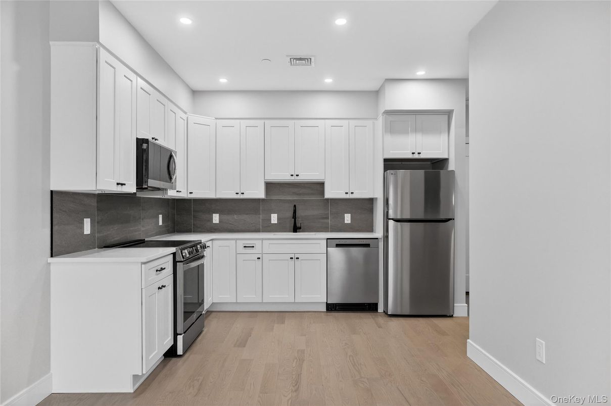 Interior, Kitchen, Recessed Lighting, Stainless Steel Appliances, Wood Texture Flooring