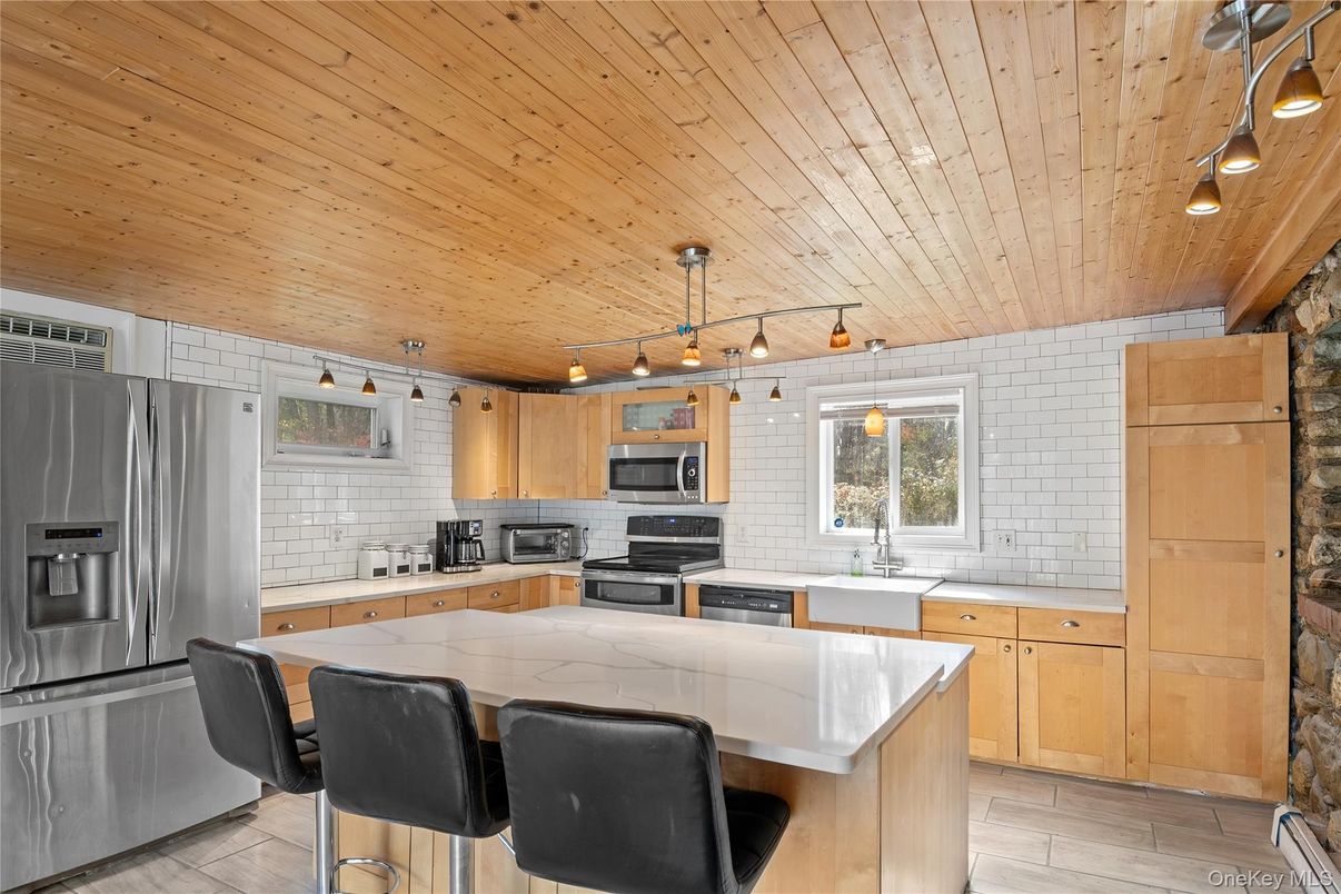 Interior, Kitchen, Pendant Lights, Stainless Steel Appliances, Stone Walls, Wooden Ceilings, Wood Texture Flooring