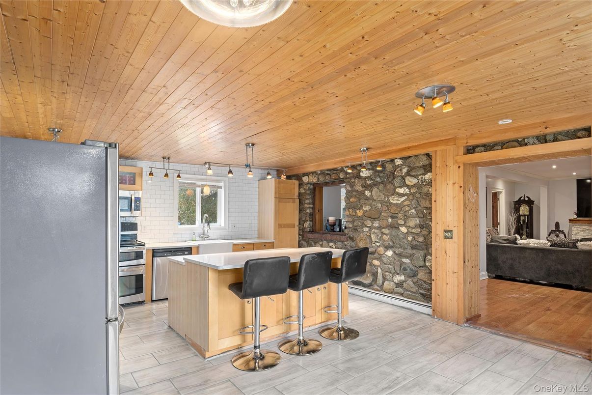 Interior, Kitchen, Recessed Lighting, Stone Walls, Wooden Ceilings