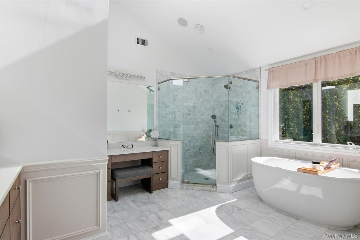 Bathroom, Free Standing Baths, Glass Shower, Interior, Marble, Recessed Lighting