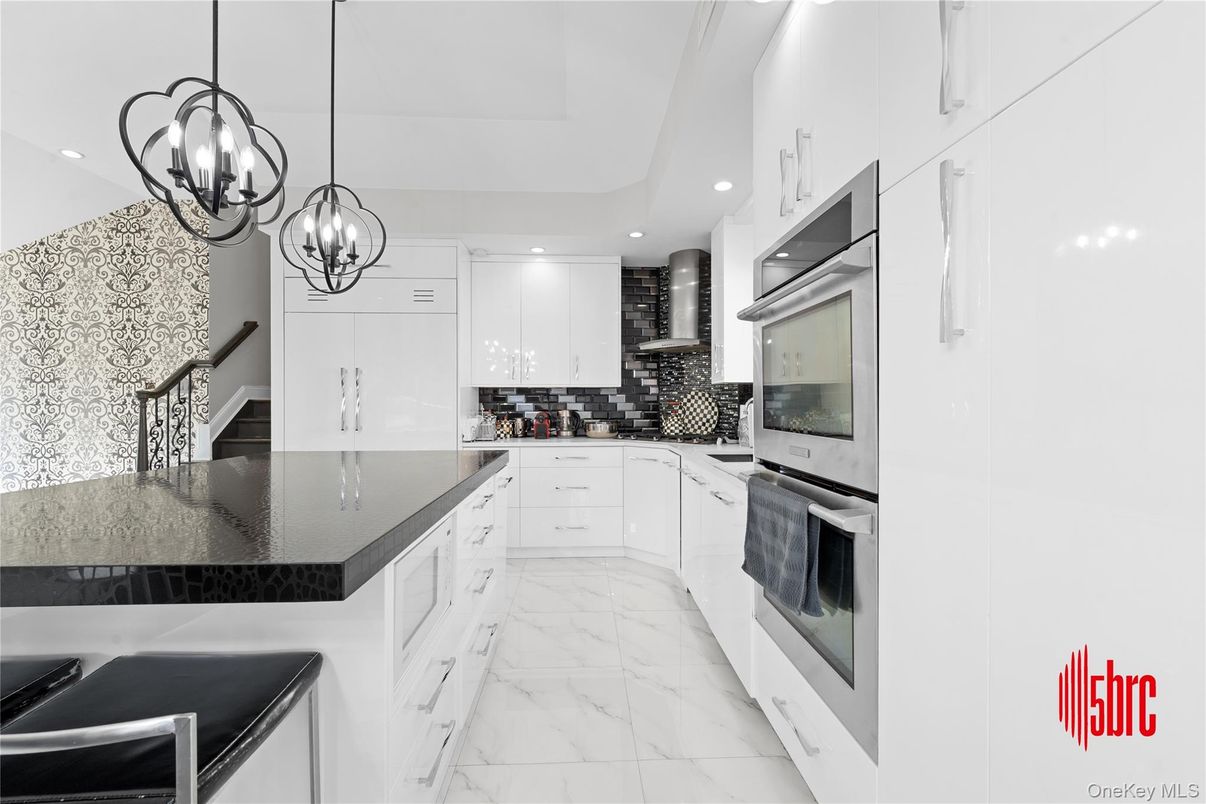 Interior, Kitchen, Marble, Pendant Lights, Recessed Lighting, Stainless Steel Appliances