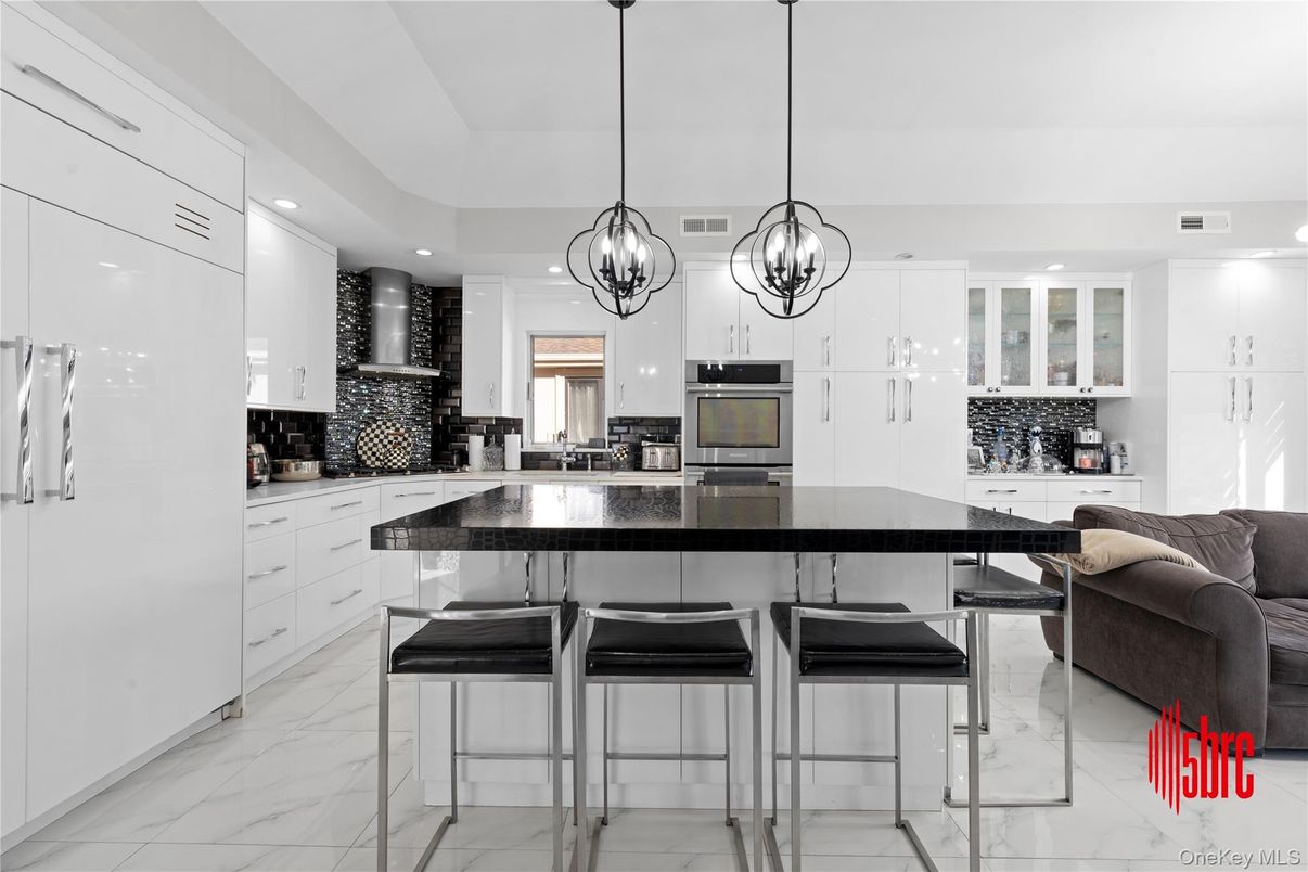 Interior, Kitchen, Marble, Pendant Lights, Recessed Lighting, Stainless Steel Appliances