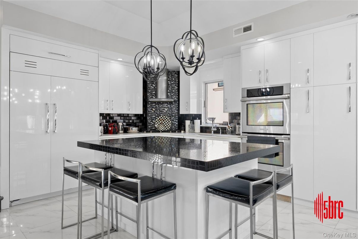 Interior, Kitchen, Marble, Pendant Lights, Recessed Lighting, Stainless Steel Appliances