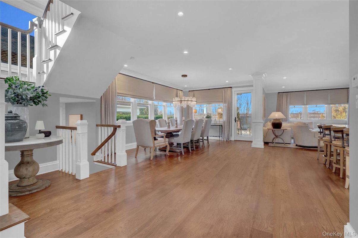 Dining room, Interior, Pendant Lights, Recessed Lighting, Wood Texture Flooring