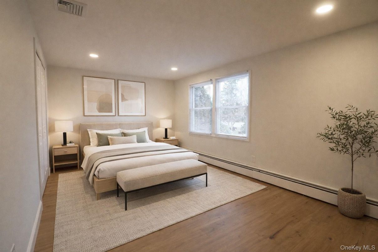 Bedroom, Interior, Recessed Lighting, Wood Texture Flooring