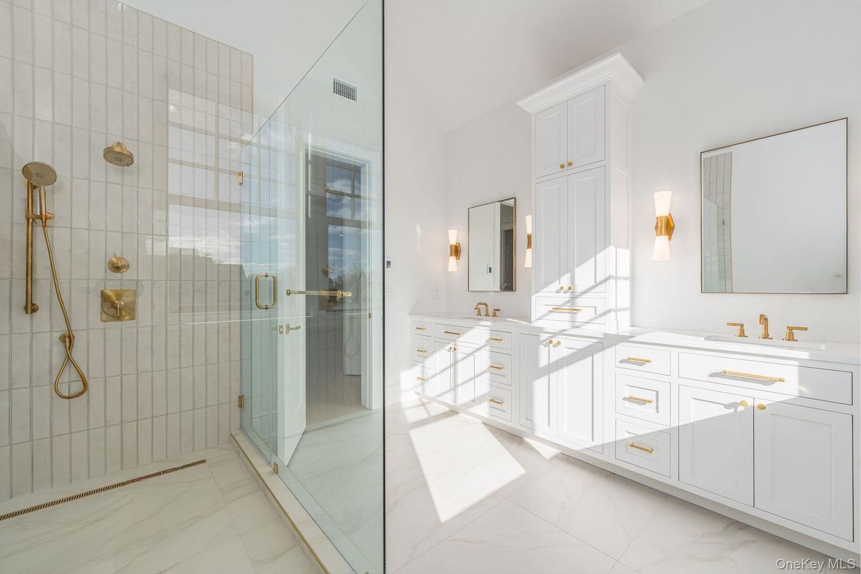 Bathroom, Dual Sink Vanities, Glass Shower, Interior, Marble