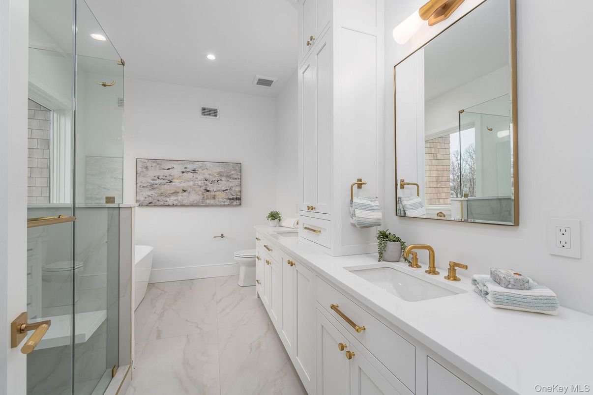 Bathroom, Dual Sink Vanities, Glass Shower, Interior, Marble, Recessed Lighting