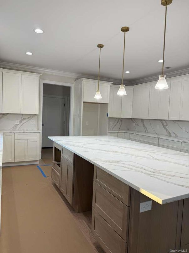 Interior, Kitchen, Marble Walls, Pendant Lights, Recessed Lighting