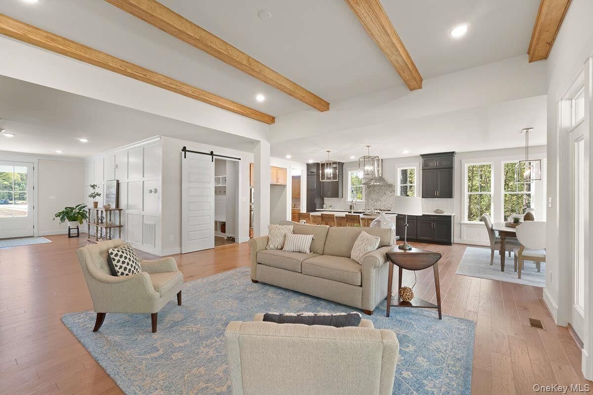 Dining room, Interior, Living room, Pendant Lights, Recessed Lighting, Wooden Beams, Wood Texture Flooring