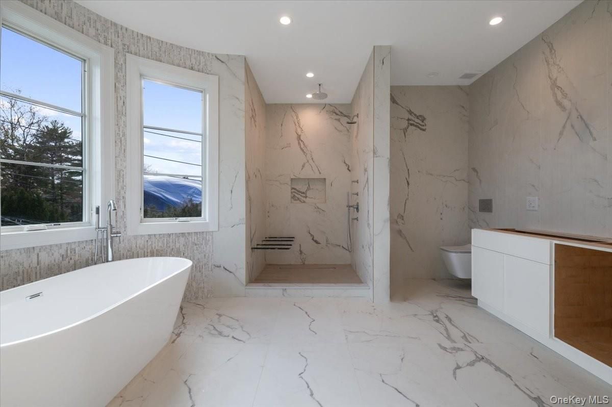 Bathroom, Free Standing Baths, Interior, Marble, Marble Walls, Recessed Lighting