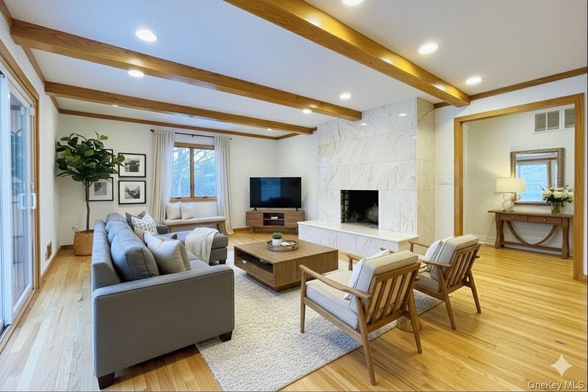 Fireplace, Interior, Living room, Marble Walls, Recessed Lighting, Wooden Beams, Wood Texture Flooring