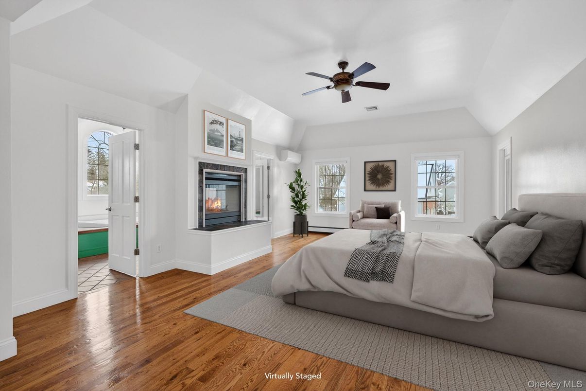 Bedroom, Fireplace, Interior, Wood Texture Flooring