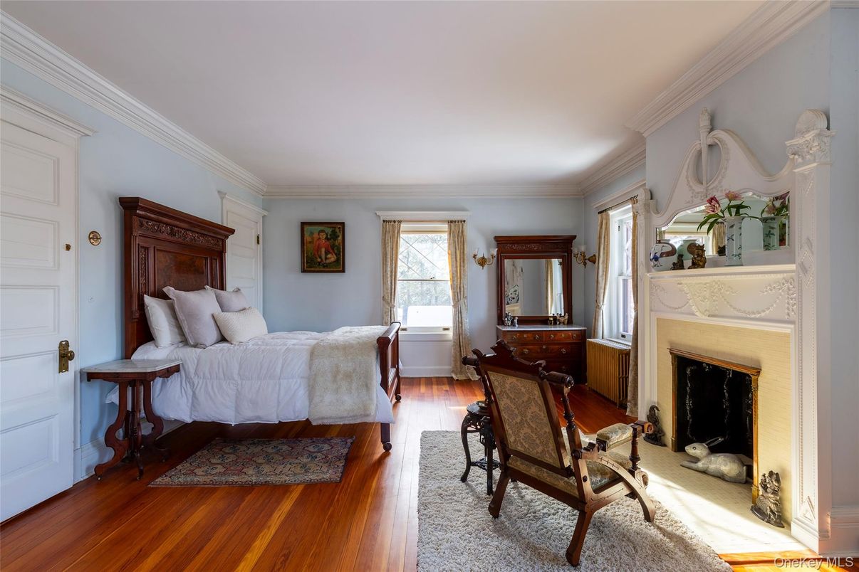 Bedroom, Fireplace, Interior, Wood Texture Flooring
