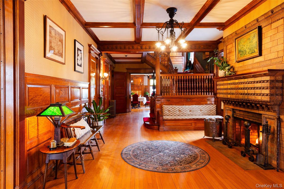 Fireplace, Interior, Pendant Lights, Wooden Beams, Wood Texture Flooring, Wooden Walls