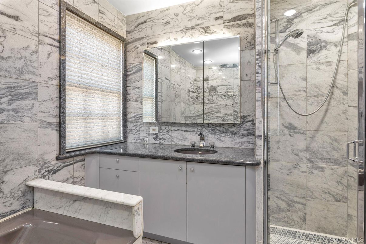 Bathroom, Glass Shower, Interior, Marble Walls, Recessed Lighting