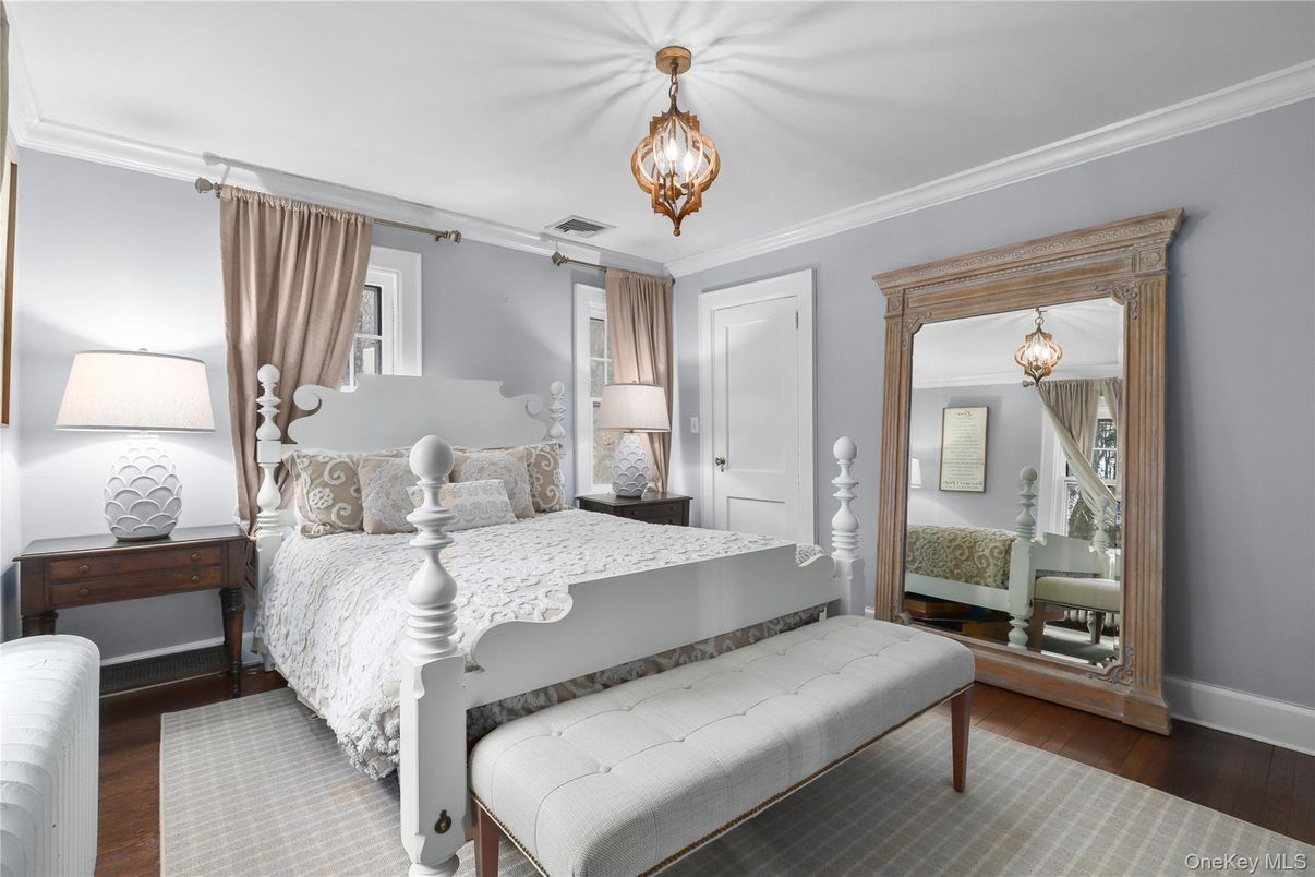 Bedroom, Chandelier, Interior, Wood Texture Flooring