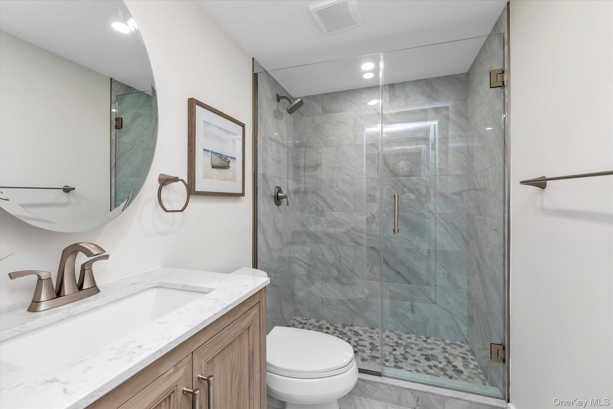 Bathroom, Glass Shower, Interior, Marble Walls, Recessed Lighting