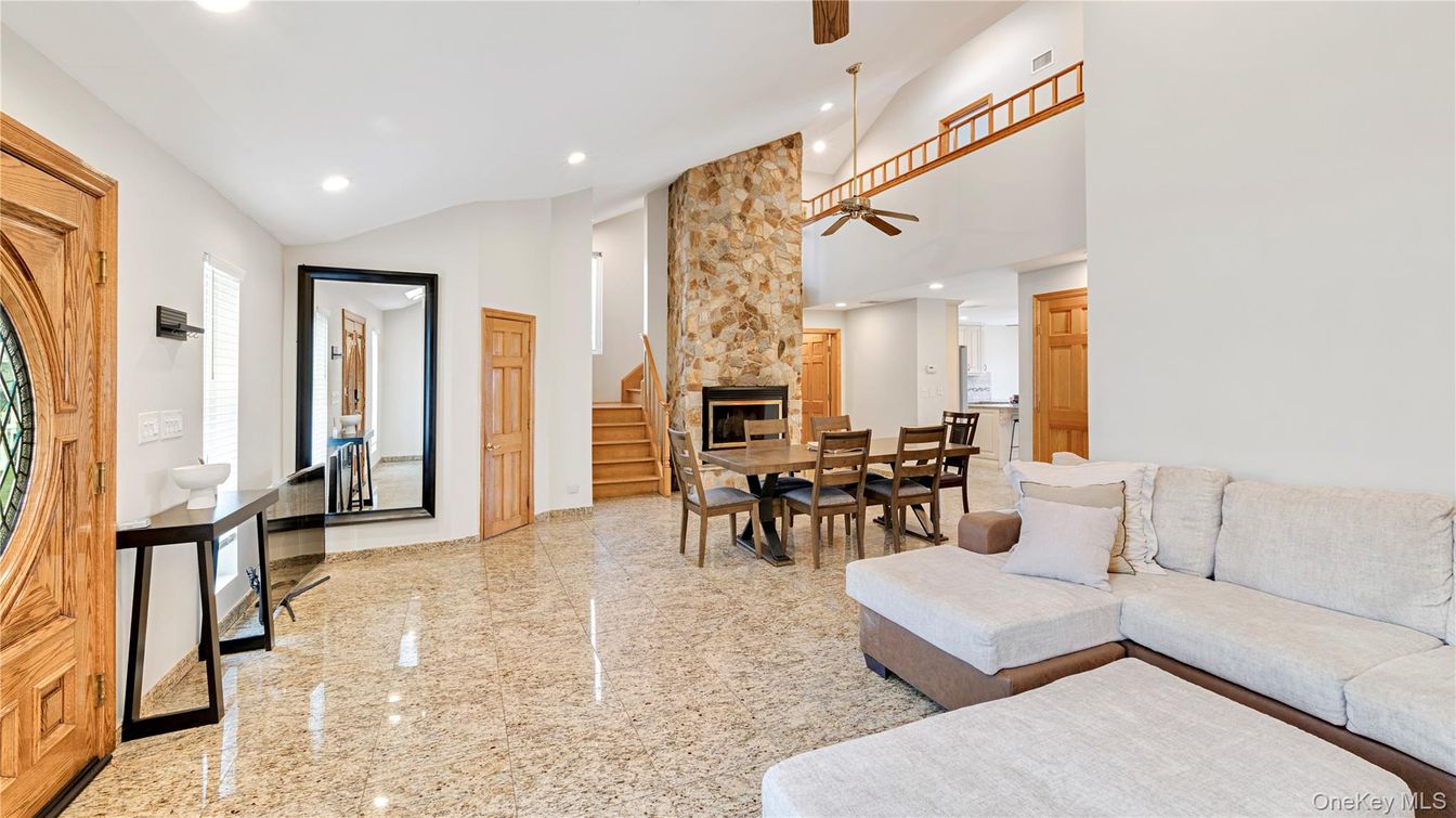 Dining room, Fireplace, Interior, Living room, Pendant Lights, Recessed Lighting, Stone Walls