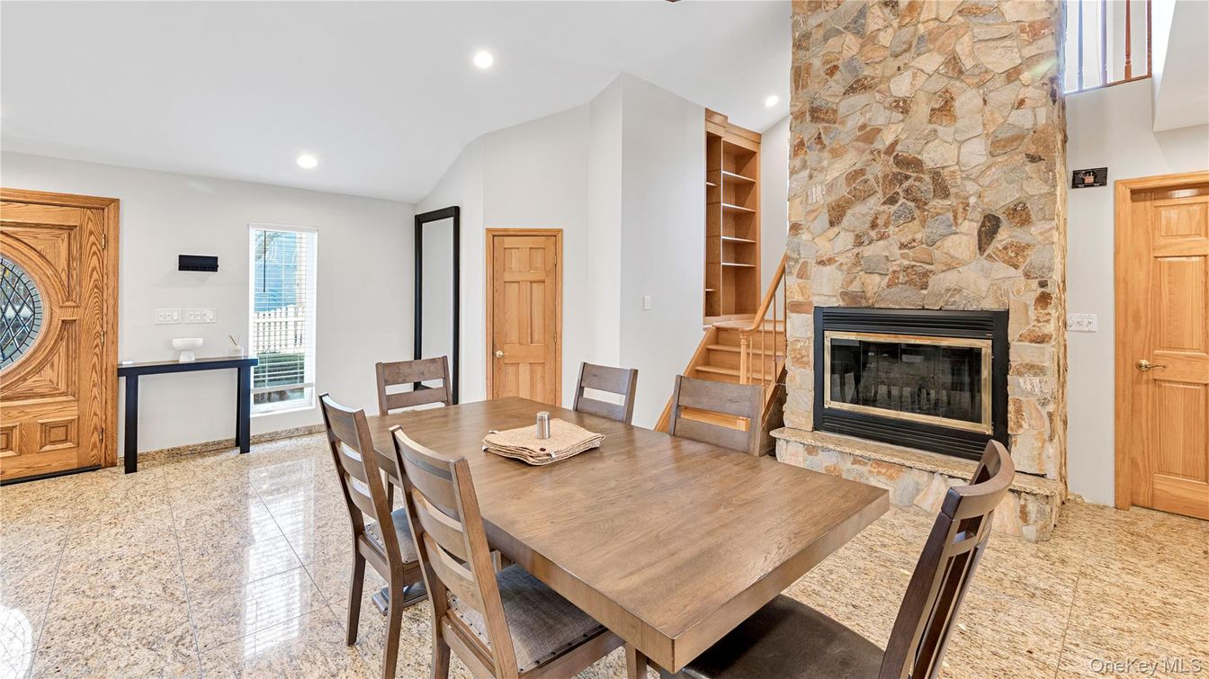 Dining room, Fireplace, Interior, Recessed Lighting, Stone Walls