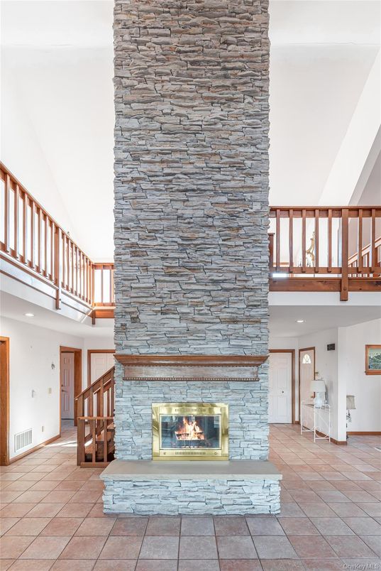 Fireplace, Interior, Recessed Lighting, Stone Walls