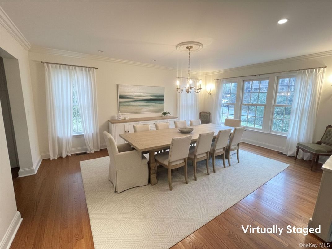 Dining room, Interior, Pendant Lights, Recessed Lighting, Wood Texture Flooring
