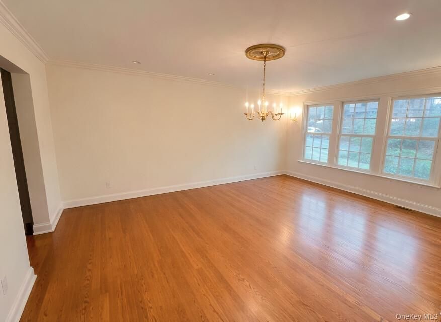 Chandelier, Empty room, Interior, Recessed Lighting, Wood Texture Flooring