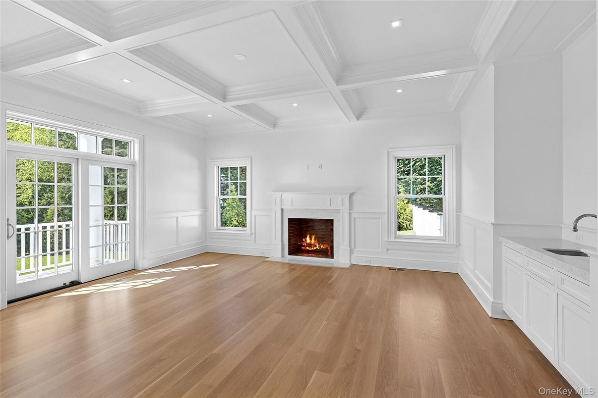Empty room, Fireplace, Interior, Recessed Lighting, Wood Texture Flooring