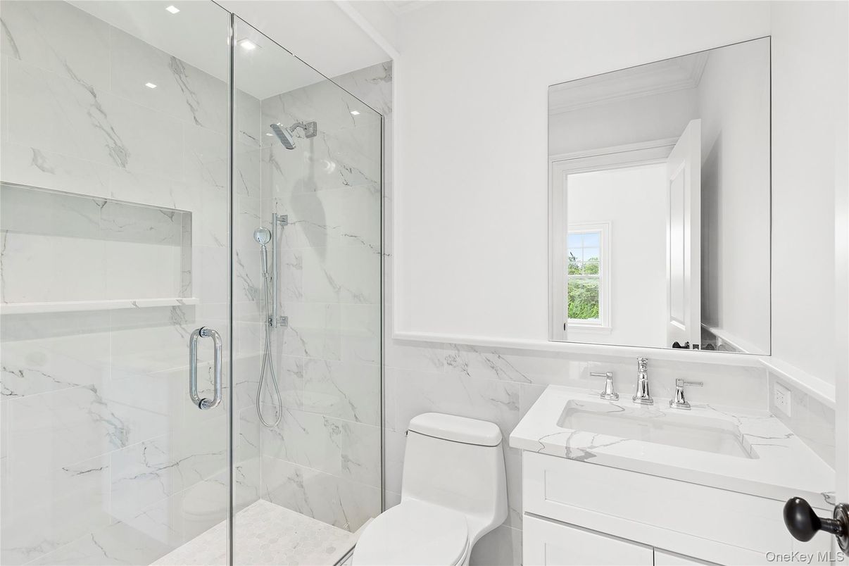 Bathroom, Glass Shower, Interior, Marble Walls, Recessed Lighting