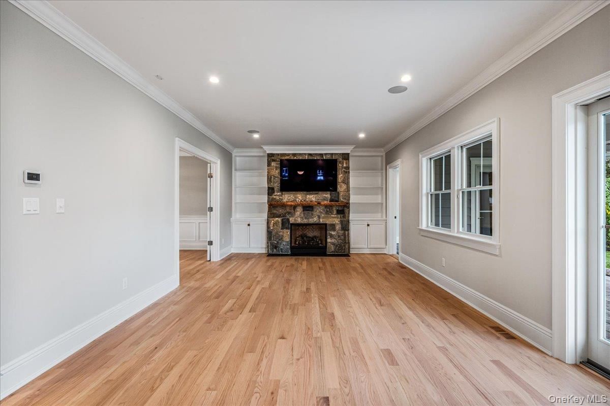 Empty room, Fireplace, Interior, Recessed Lighting, Wood Texture Flooring