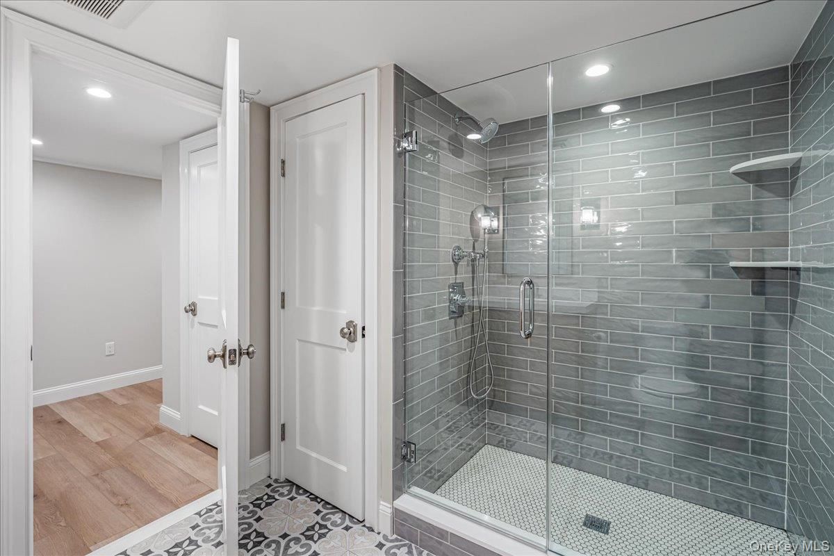 Bathroom, Glass Shower, Interior, Recessed Lighting, Wood Texture Flooring