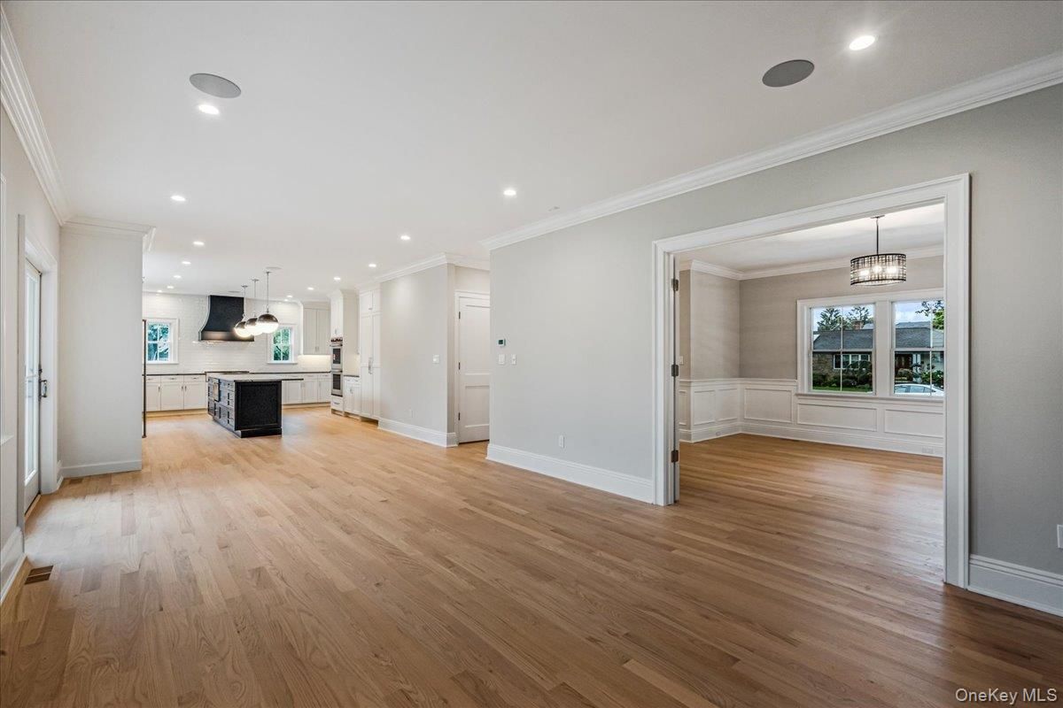 Empty room, Interior, Kitchen, Pendant Lights, Recessed Lighting, Wood Texture Flooring