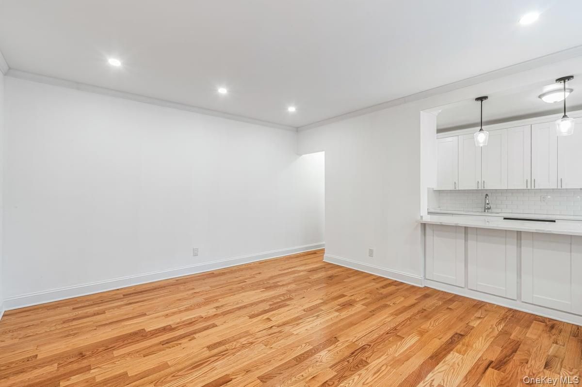 Empty room, Interior, Kitchen, Pendant Lights, Recessed Lighting, Wood Texture Flooring