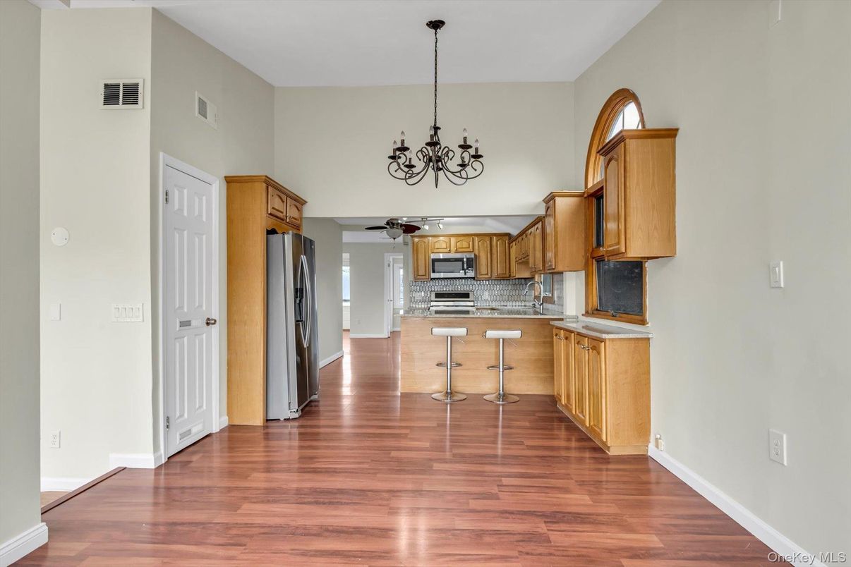 Chandelier, Interior, Kitchen, Stainless Steel Appliances, Wood Texture Flooring