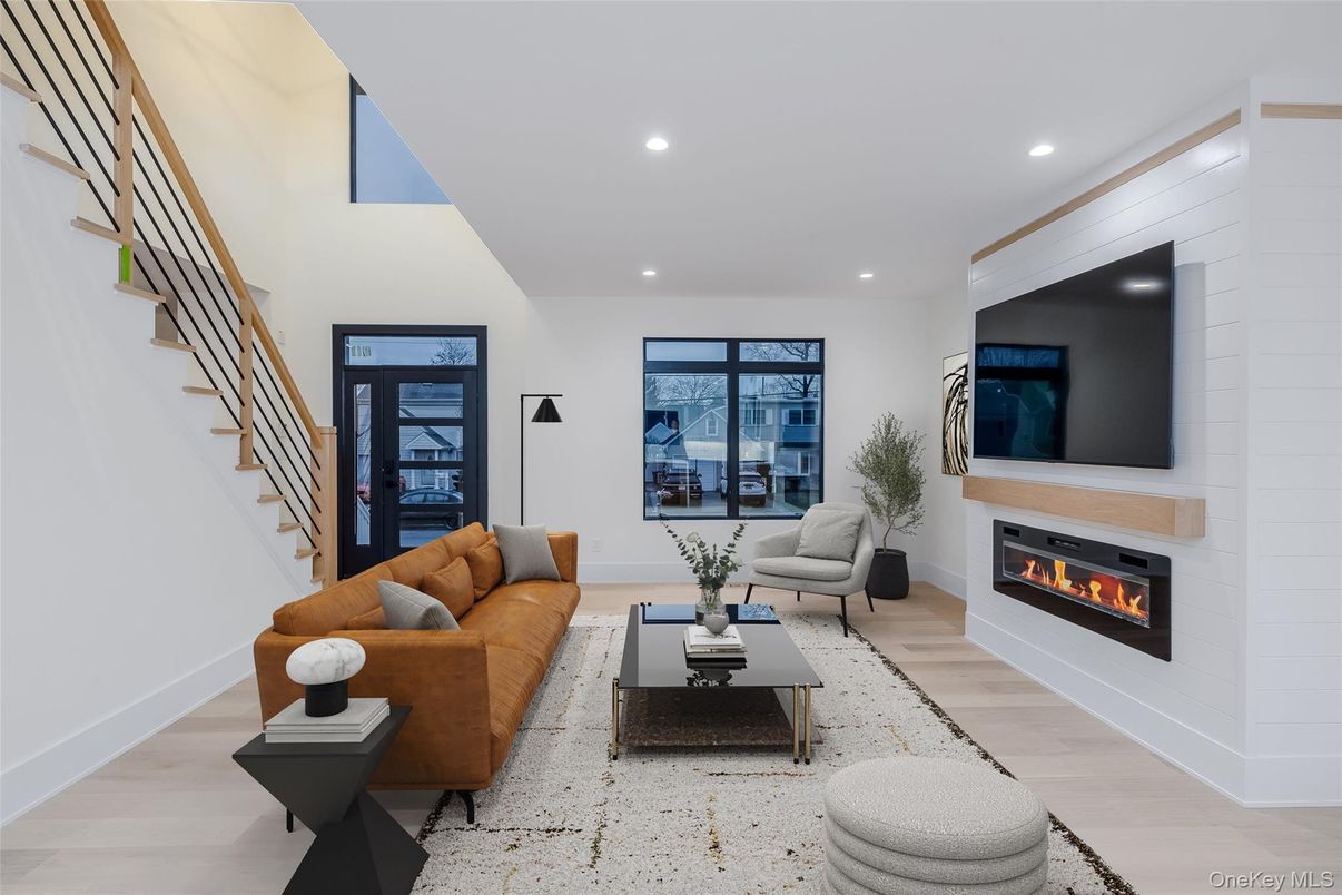 Fireplace, Interior, Living room, Recessed Lighting, Wood Texture Flooring