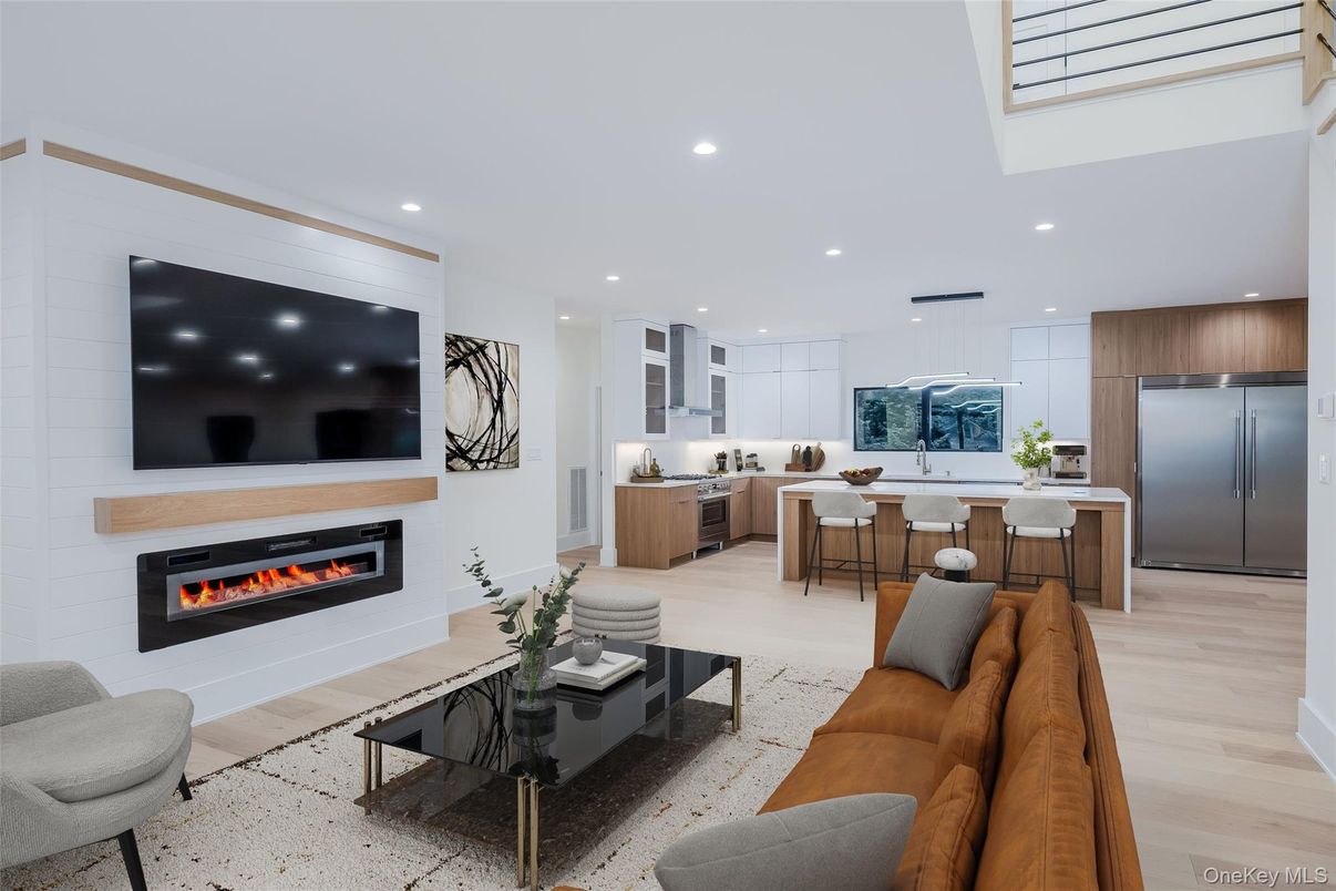 Fireplace, Interior, Kitchen, Living room, Recessed Lighting, Wood Texture Flooring