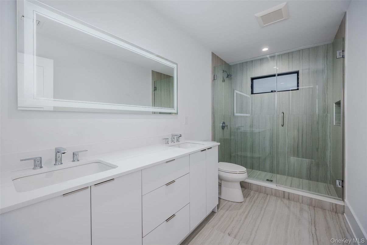 Bathroom, Dual Sink Vanities, Glass Shower, Interior, Recessed Lighting