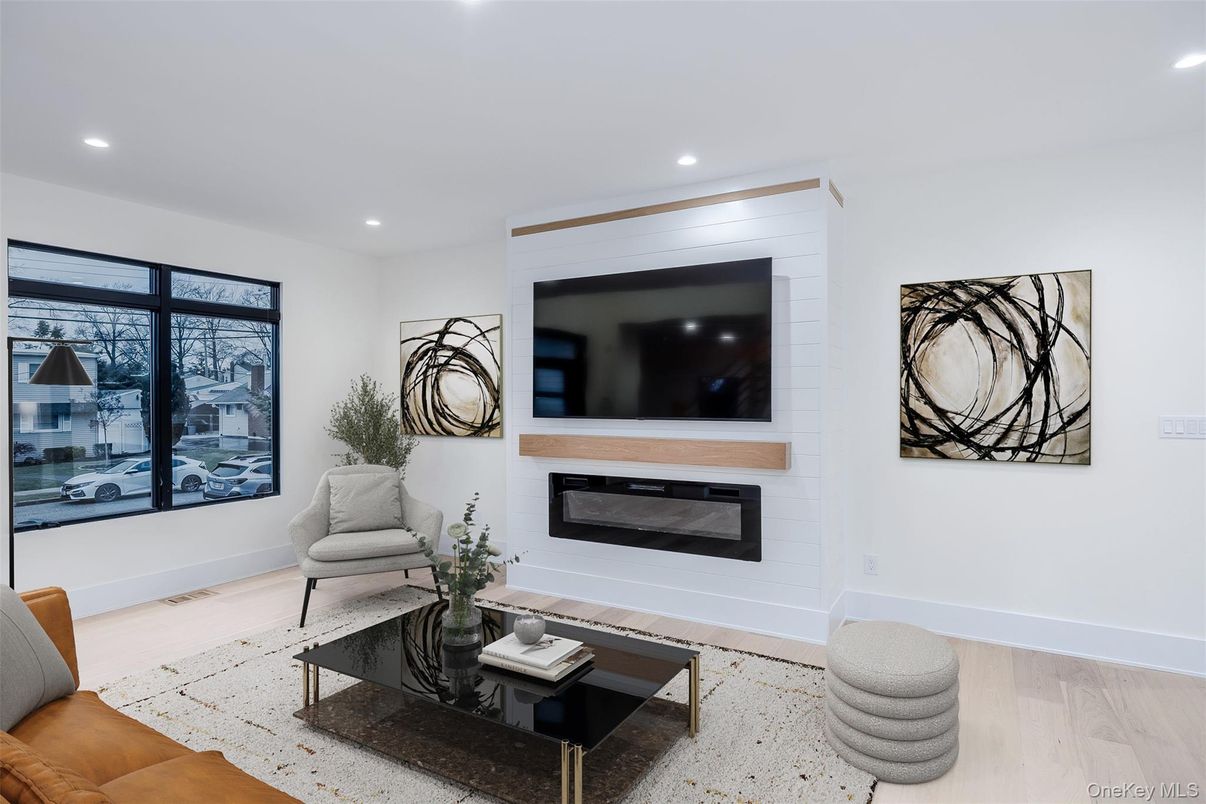 Fireplace, Interior, Living room, Recessed Lighting, Wood Texture Flooring