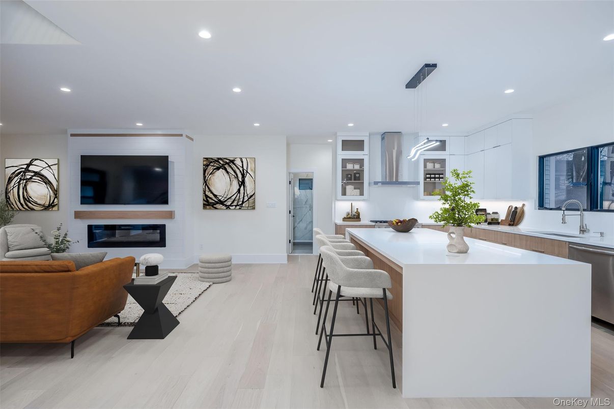 Fireplace, Interior, Kitchen, Living room, Pendant Lights, Recessed Lighting, Stainless Steel Appliances, Wood Texture Flooring