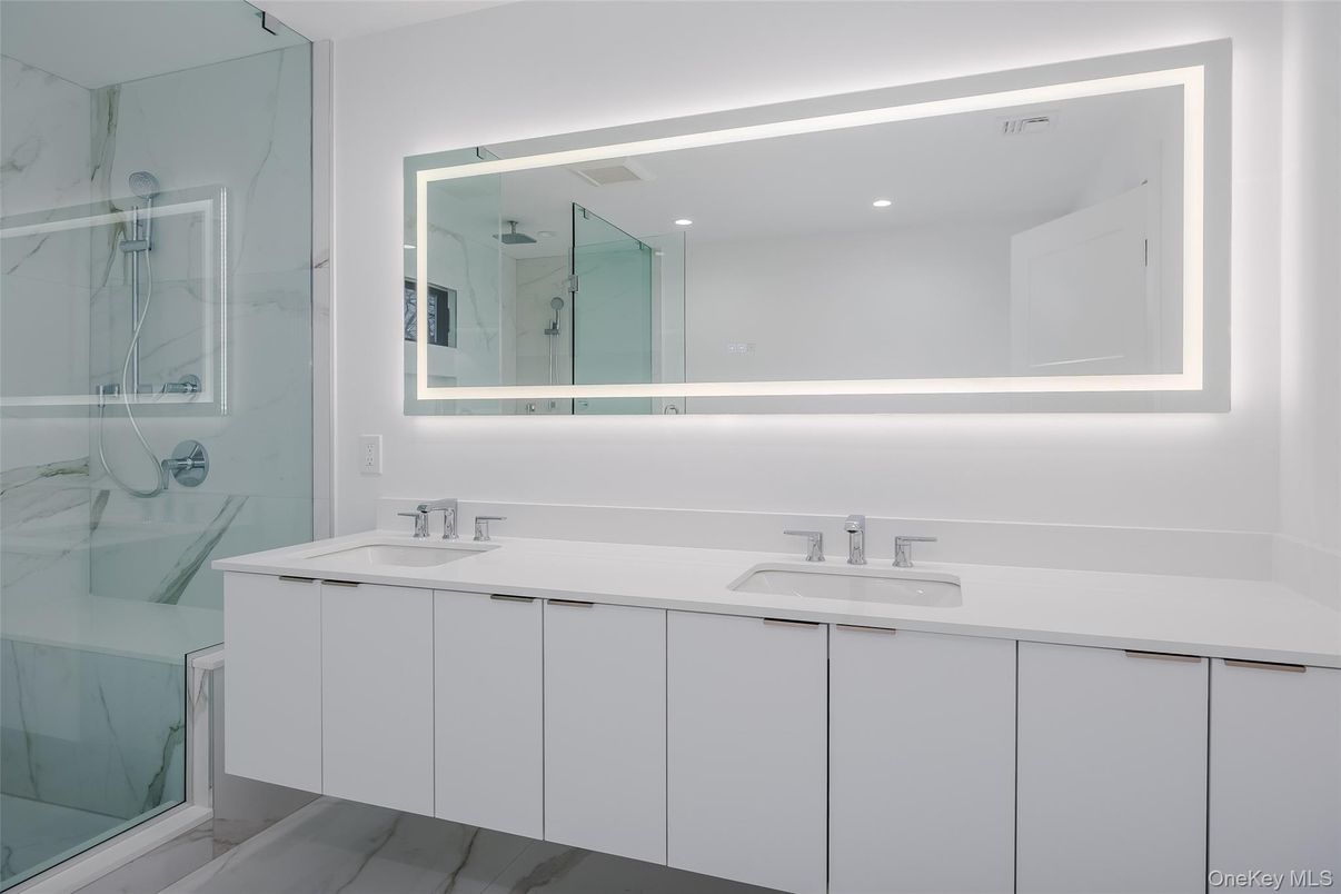 Bathroom, Dual Sink Vanities, Glass Shower, Interior, Marble Walls, Recessed Lighting