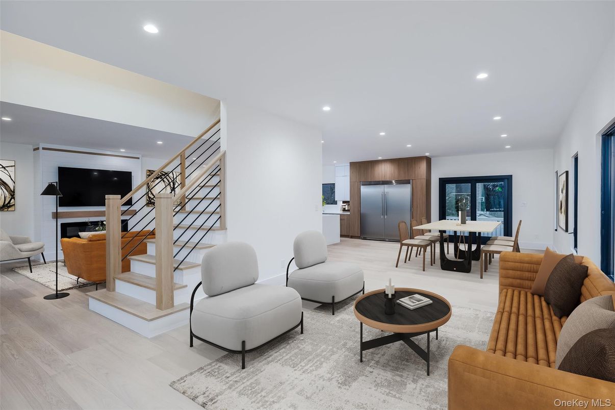 Dining room, Interior, Kitchen, Living room, Recessed Lighting, Wood Texture Flooring