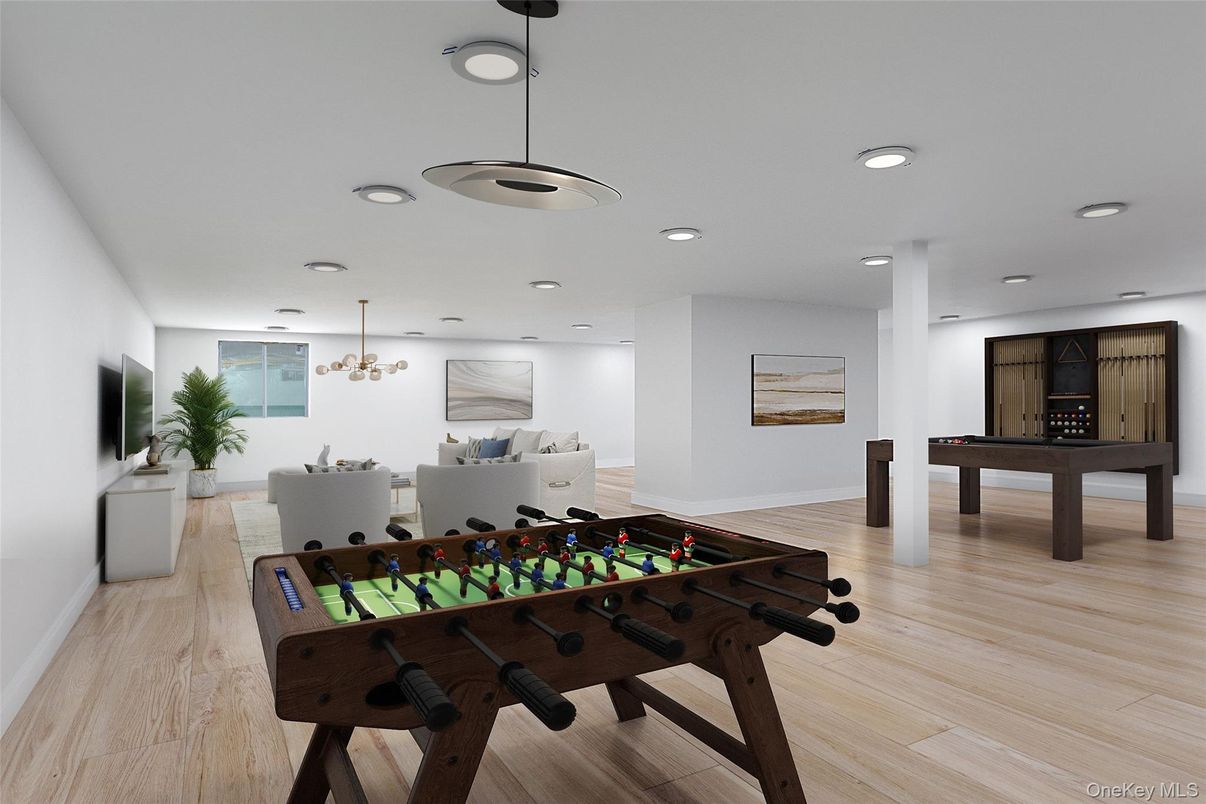 Billiard Table, Game Room, Interior, Pendant Lights, Recessed Lighting, Wood Texture Flooring