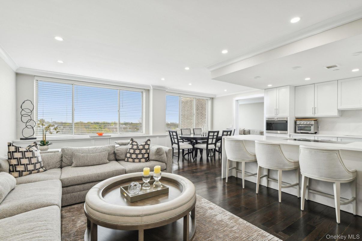 Dining room, Interior, Kitchen, Living room, Recessed Lighting, Stainless Steel Appliances, Wood Texture Flooring