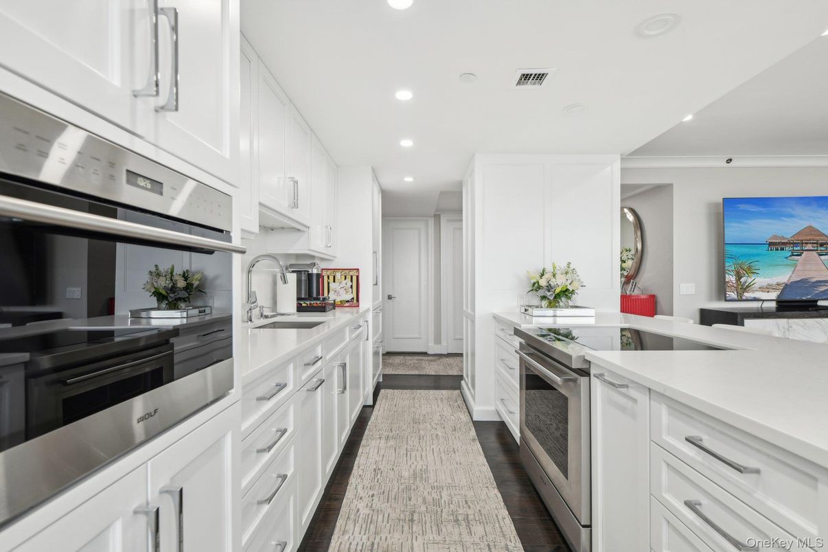 Interior, Kitchen, Recessed Lighting, Stainless Steel Appliances, Water, Wood Texture Flooring