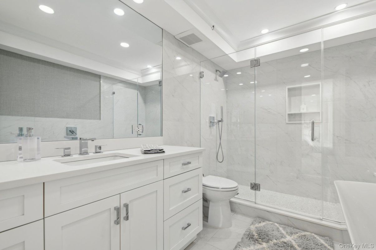 Bathroom, Glass Shower, Interior, Marble Walls, Recessed Lighting