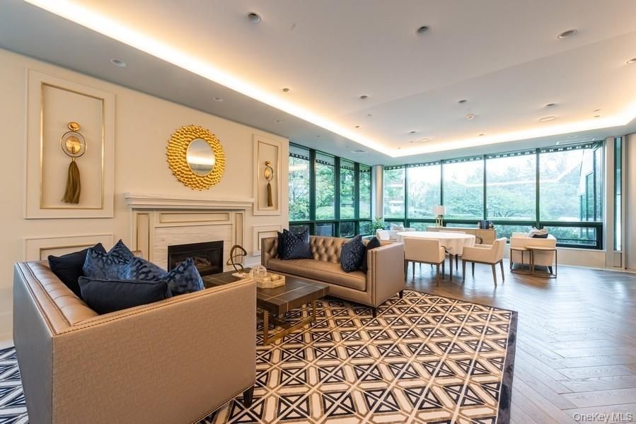 Dining room, Fireplace, Interior, Living room, Recessed Lighting, Wood Texture Flooring